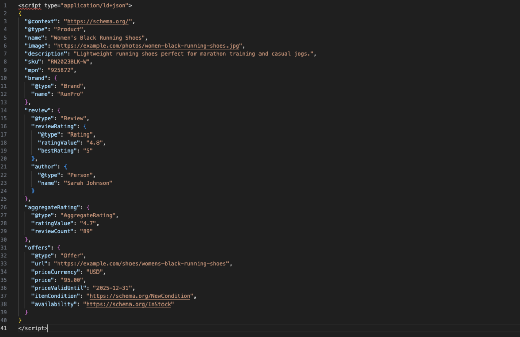 Screenshot of structured data JSON-LD markup for a product showing women's black running shoes. The schema includes product details such as name, description, image URL, SKU, MPN, brand, individual review with author and rating, aggregate rating, and offer information including price and availability.